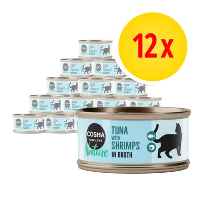 12 lattine Cosma Nature Tuna with Shrimps in Broth, etichetta con silhouette di gatto e testo in inglese. Confezione multipla visibile.