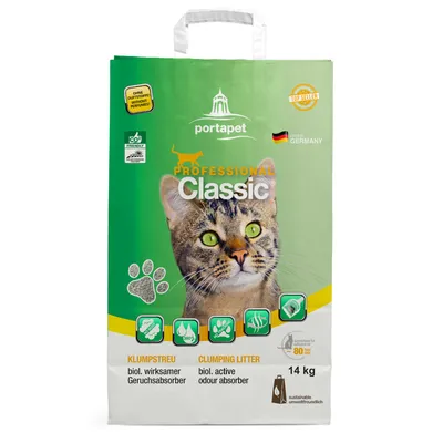 portapet Professional Classic paakkuuntuva kissanhiekka, 14 kg. Tekstit: biol. active odour absorber, ilman hajusteita, valmistettu Saksassa, CO2 friendly, top seller, 80 päivää.