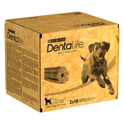 Purina Dentalife Daily Oral Care til hunde, pakke med 2x18 sticks, egnet til store hunde 25-40 kg. Produktbillede og hund synlige.