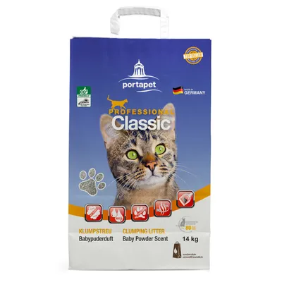 portapet Professional Classic paakkuuntuva kissanhiekka, babypuuterin tuoksu, 14 kg. Made in Germany. CO2 friendly -merkintä. Kuvassa harmaa raidallinen kissa.