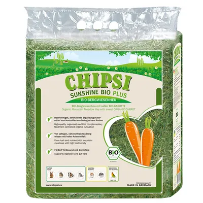 CHIPSI Sunshine Bio Plus Bio-Bergwiesenheu mit süsser Bio-Karotte. Hochwertiges Ergänzungsfutter aus kontrolliertem biologischem Anbau. Fördert Verdauung und Darmflora. Made in Germany. CHIPSI Sunshine Bio Plus Bio-Bergwiesenheu mit süsser Bio-Karotte. Hochwertiges Ergänzungsfutter aus kontrolliertem biologischem Anbau. Fördert Verdauung und Darmflora. Made in Germany.