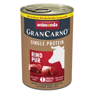 Animonda GranCarno Single Protein Rind Pur, wyprodukowana z bulionem wołowym, 100% świeżych składników, bez zbóż i glutenu, jedno źródło białka.