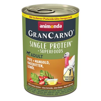 Animonda GranCarno Single Protein Adult, puran s blitvo, šipkom in lanenim oljem. Izdelano z okusno puranjo juho, brez žit, brez glutena, izdelano v Nemčiji.