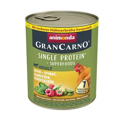 Blik animonda GranCarno Single Protein + Superfoods Adult, Huhn + Spinat, Himbeeren, Kürbiskerne. 1 tierisches protein. Met tekst: Mit leckerer Hühnerbrühe hergestellt. Blik animonda GranCarno Single Protein + Superfoods Adult, Huhn + Spinat, Himbeeren, Kürbiskerne. 1 tierisches protein. Met tekst: Mit leckerer Hühnerbrühe hergestellt.