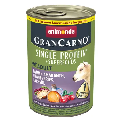 Animonda GranCarno Single Protein Adult, agnello con amaranto, mirtilli rossi e olio di salmone. Preparato con brodo di agnello, senza cereali, senza glutine, Made in Germany.