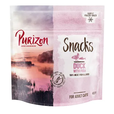 Purizon Snacks πάπια με ψάρι, 100% κρέας, ψάρι & συκώτι, απαλά λυοφιλοποιημένο, για ενήλικες γάτες, 40g, χωρίς δημητριακά.