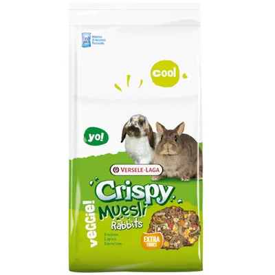 Versele-Laga Crispy Muesli Rabbits, veggi! med ekstra fibre. Friskpakning til kaniner. Vist: to kaniner og müsliblanding.