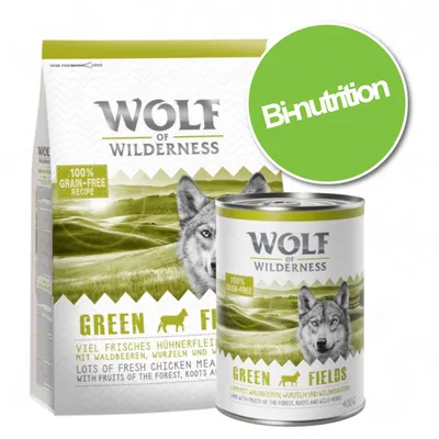 Wolf of Wilderness Green Fields, recette 100 % sans céréales. Sacs et boîte visibles avec texte Bi-nutrition sur rond vert. Texte en anglais : lots of fresh chicken meat with fruits of the forest.