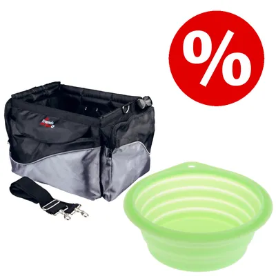Friends on Tour Tasche in Schwarz-Grau mit Schultergurt und faltbarem, grünem Napf. Rotes Prozentzeichen für Rabattaktion sichtbar.