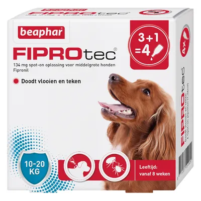 Beaphar FiproTec Vlooien- en Tekendruppels Hond 10-20kg - 4 Pipetten x 1,34 ml  Beaphar FiproTec Vlooien- en Tekendruppels Hond 10-20kg - 4 Pipetten x 1,34 ml