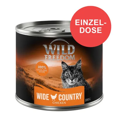 Wild Freedom Wide Country Chicken, 200g Einzeldose, 100% grain-free recipe. Abbildung einer Katze vor Landschaft.