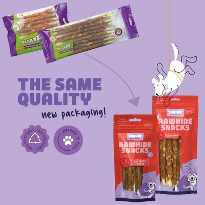 BRAAAF Premium Quality dog treats old and new packaging, text: THE SAME QUALITY new packaging! RAW HIDE SNACKS Roll Sticks Chicken, Twister Chicken. 100% recyclable. Approved by dogs.