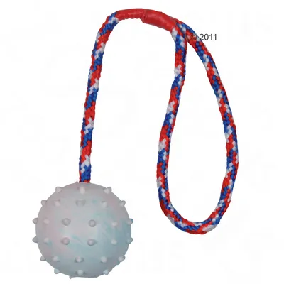 Spielzeugball mit Noppen, befestigt an einem rot-blau-weissen geflochtenen Seil.