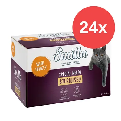 Smilla Special Needs Sterilised mit Truthahn, 24x 100g. Rezept ohne Getreide, ausgewogener Energiegehalt. Verpackung zeigt eine graue Katze.