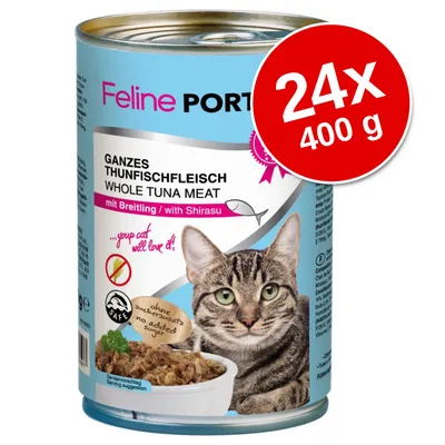 Feline PORTA 21 macskaeledel, egész tonhalhús shirazuval, 24×400 g. Felirat: ohne zuckerzusatz, no added sugar. Cica képe és tál étellel a dobozon.