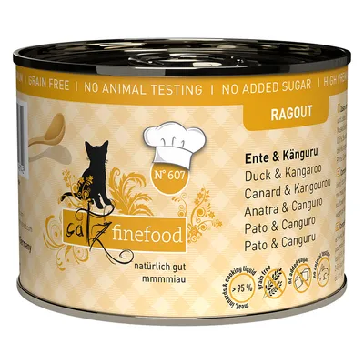 Catz Finefood Ragout Nr. 607, ankka ja kenguru, luonnollinen, ilman lisättyä sokeria, ei eläinkokeita, viljaton, 95 % lihaa ja keitinlientä.