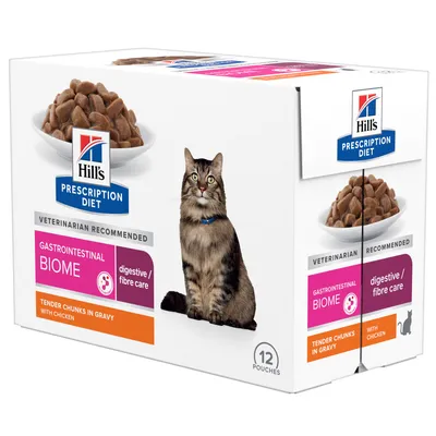 Hill's Prescription Diet Gastrointestinal Biome pour chat, 12 sachets. Texte visible : digestive/fibre care, tender chunks in gravy with chicken, veterinarian recommended.
