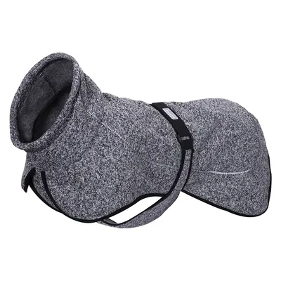 Grauer Hundemantel mit hohem Kragen und verstellbarem Gurt, geeignet für kalte Wetterbedingungen.