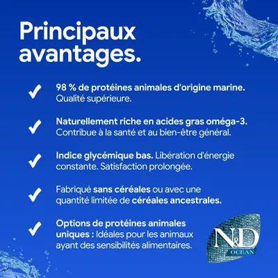 Principaux avantages : 98 % de protéines animales d’origine marine, riches en acides gras oméga-3, indice glycémique bas, sans céréales ou avec céréales ancestrales, options de protéines spécifiques.