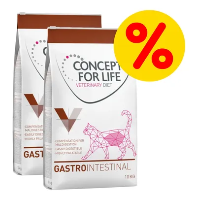 2 sacos de Concept for Life Veterinary Diet Gastro Intestinal para gatos, 10 kg cada uno. Oferta destacada con símbolo de porcentaje en círculo amarillo. 2 sacos de Concept for Life Veterinary Diet Gastro Intestinal para gatos, 10 kg cada uno. Oferta destacada con símbolo de porcentaje en círculo amarillo.