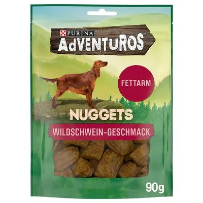 Purina Adventuros Nuggets, wildzwijnsmaak, vetarm, 90g. Tekst op verpakking deels in het Duits: 'Wildschwein-Geschmack', 'Fettarm'.