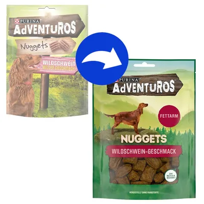 Due confezioni di Purina Adventuros Nuggets Wildschwein-Geschmack, una con scritta 'Fettarm', freccia blu che indica il nuovo design della confezione. Testo in tedesco visibile. Due confezioni di Purina Adventuros Nuggets Wildschwein-Geschmack, una con scritta 'Fettarm', freccia blu che indica il nuovo design della confezione. Testo in tedesco visibile.