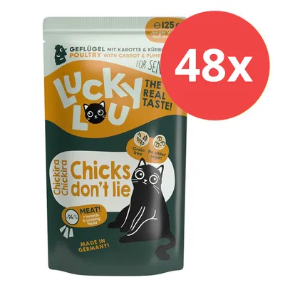Lucky Lou Katzenfutter, Geflügel mit Karotte & Kürbis, 94% Fleischanteil, ohne Getreide, ohne Zuckerzusatz, Made in Germany. Packungseinheit: 48x125g.