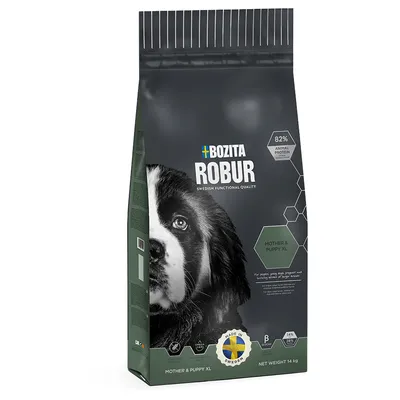 Bozita Robur Mother & Puppy XL tørfoder, 82 % animal protein, Made in Sweden, nettovægt 14 kg. Billede af hund på emballagen. Synlig tekst: Swedish Functional Quality.