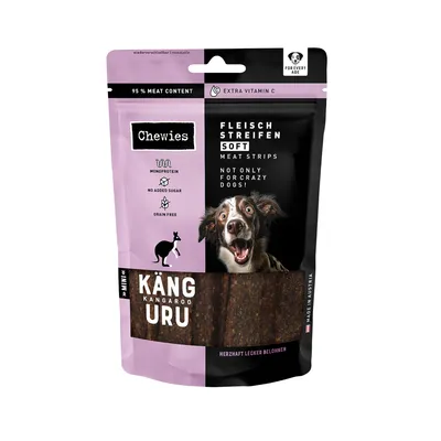 Chewies meat strips, kangaroo flavour, 95% meat content, extra vitamin C, monoprotein, no added sugar, grain free, soft texture, suitable for every age.