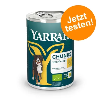 Yarrah Chunks with chicken, nettle & tomato. Certificat bio, Beter Leven 3 étoiles. Texte en allemand : Jetzt testen! sur un cercle orange.