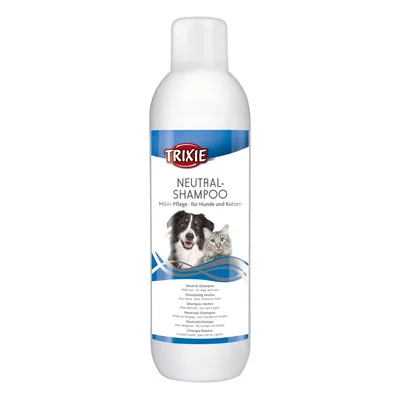 Trixie Neutral-Shampoo, milde Pflege für Hunde und Katzen. Flasche mit Abbildungen von Hund und Katze sowie mehrsprachiger Produktbeschreibung.