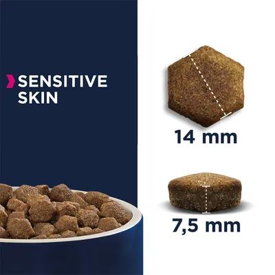 Pienso seco para piel sensible. Tamaño de croqueta mostrado: diámetro 14 mm, altura 7,5 mm.