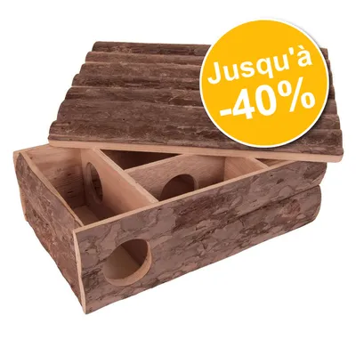 Maison en bois naturel avec plusieurs ouvertures rondes, toit amovible. Pastille jaune : Jusqu'à -40 %