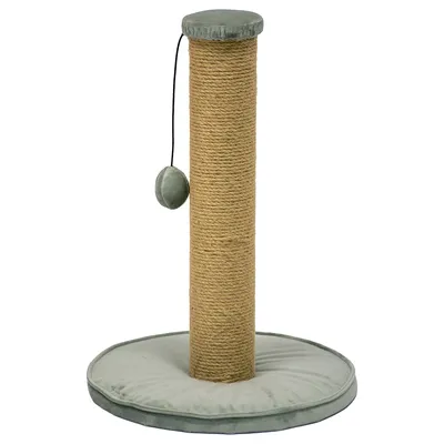 Cat tree with sisal post, grey fabric cover and hanging play ball.