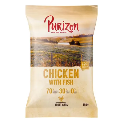 Purizon Chicken with Fish, 70 % chicken, fish, ingrédients, 30 % fruits/légumes/herbes, 0 % added grain, 44 % high-quality protein, Adult Cats, 150 g. Texte en anglais.