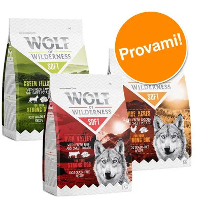 Wolf of Wilderness Soft, confezioni da 1 kg: Green Fields con agnello e patata dolce, High Valley con manzo e patata dolce, Wide Acres con pollo e patata dolce. Etichetta arancione: Provami!