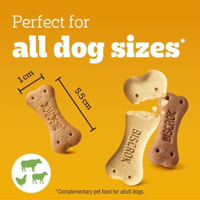 BISCRONK Dog Biscuit, size 5.5 x 1 cm. Suitable for all dog sizes. Illustrated animals: beef, chicken, lamb. Complementary feed for adult dogs.