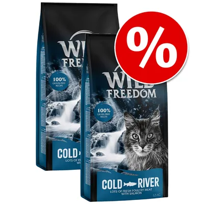 Wild Freedom Cold River cat food, 100% grain-free recipe, lots of fresh poultry meat with salmon, 6.5 kg bags, red percentage discount symbol shown Wild Freedom Cold River cat food, 100% grain-free recipe, lots of fresh poultry meat with salmon, 6.5 kg bags, red percentage discount symbol shown