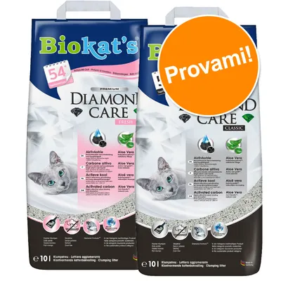 Due confezioni di lettiera agglomerante Biokat's Diamond Care, varianti Fresh e Classic, 10 litri, con carbone attivo e aloe vera. Etichetta arancione con testo: Provami!