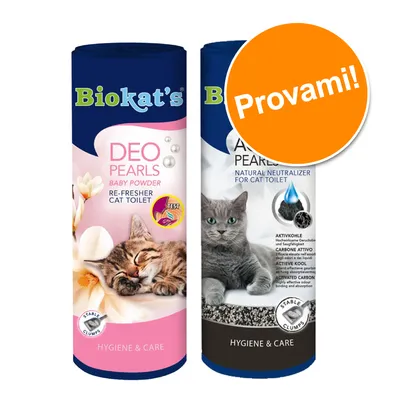 Biokat's Deo Pearls Baby Powder e Biokat's Active Pearls Carbone Attivo, deodoranti per lettiera gatto. Etichetta arancione con testo: Provami!