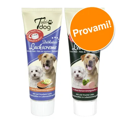 Due tubetti Tubi Dog per cani: uno con scritta 'Lachscreme' e immagine di salmone, l'altro parzialmente coperto da un bollino arancione con testo 'Provami!'.