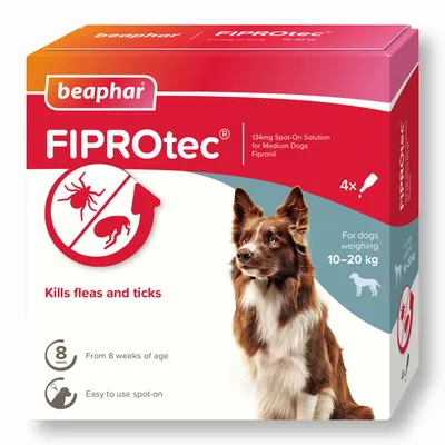 FIPROtec spot-on solution, kills fleas and ticks, for dogs weighing 10–20 kg, from 8 weeks of age, easy to use, contains 4 pipettes.