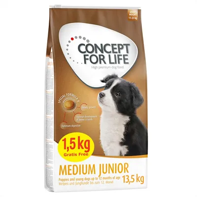 Concept for Life Medium Junior hundfoder, 13,5 kg med 1,5 kg gratis. Passar valpar och unghundar upp till 12 månader. Innehåller speciell formula för tillväxt, benutveckling och matsmältning.