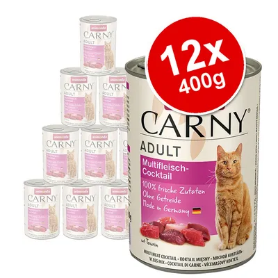 Animonda Carny Adult Multiflesich-Cocktail, 12x400g cans. Label shows cat image, '100% frische Zutaten', 'Ohne Getreide', 'Made in Germany', and meat pieces. Animonda Carny Adult Multiflesich-Cocktail, 12x400g cans. Label shows cat image, '100% frische Zutaten', 'Ohne Getreide', 'Made in Germany', and meat pieces.
