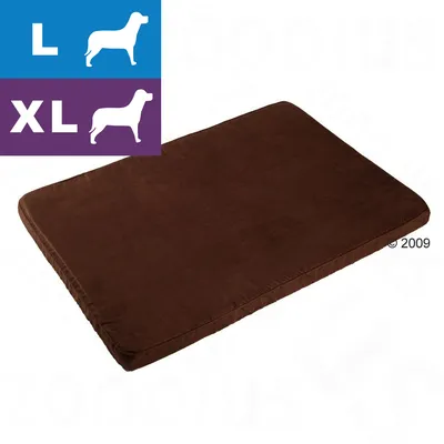 Ruskea suorakulmainen koiranpeti. Vasemmassa yläkulmassa kuvakkeet: sininen L ja violetti XL, molemmissa valkoinen koirasiluetti.