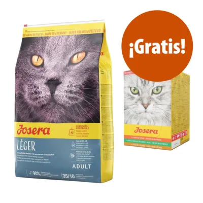 Pienso para gatos Josera Léger Adult, control de peso, 35/10, junto a caja Josera Multipack. Círculo naranja con texto: ¡Gratis! Pienso para gatos Josera Léger Adult, control de peso, 35/10, junto a caja Josera Multipack. Círculo naranja con texto: ¡Gratis!