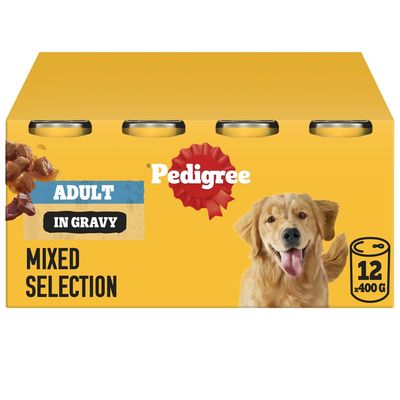 Pedigree adult in gravy mixed selection, 12 cans of 400g each. Product packaging shows chunks in gravy and highlights for adult pets.