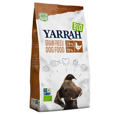Yarrah BIO Grain Free Dog Food, protein 28 %, fedt 15 %, 100 % recyclable packaging, øko-certifikat, Beter Leven-mærke, billede af hund på posen.