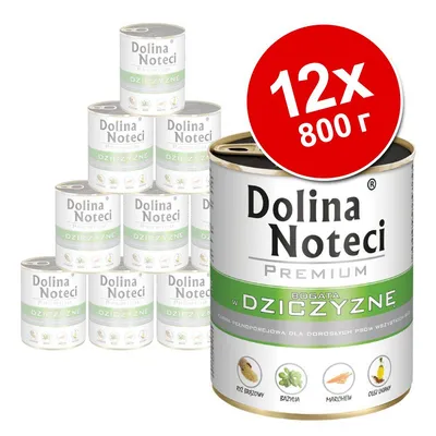 12 консерви Dolina Noteci Premium Dziczyzne, 800 г. Видими съставки: ориз басмати, босилек, морков, ленено масло. Текст на полски език.