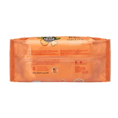 Опаковка Pet Head Wipes Dogs & Cats Peach with Aloe Vera. Видими надписи: Never tested on animals, Made in the USA. Текстът е на английски език.